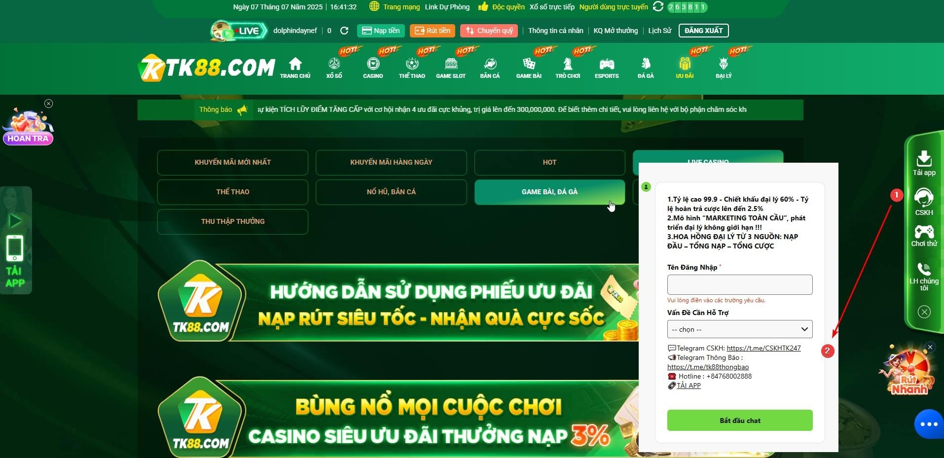 Liên hệ CSKH TK88 để được hỗ trợ nhận khuyến mãi