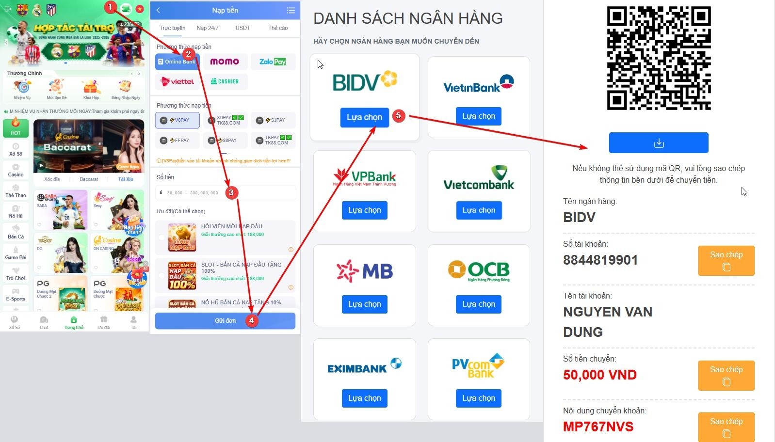 Hướng dẫn nạp tiền TK88 bằng phương thức chuyển khoản ngân hàng internet banking