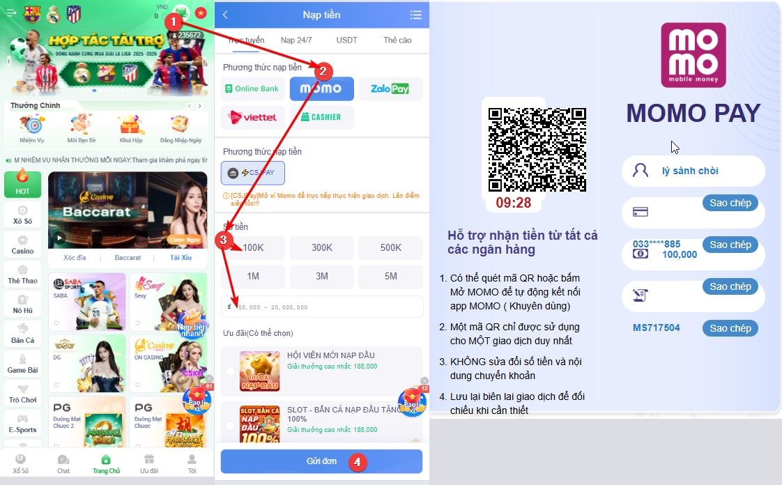 Hướng dẫn nạp tiền vào tài khoản TK88 bằng cách quét mã QR của ví điện tử Momo