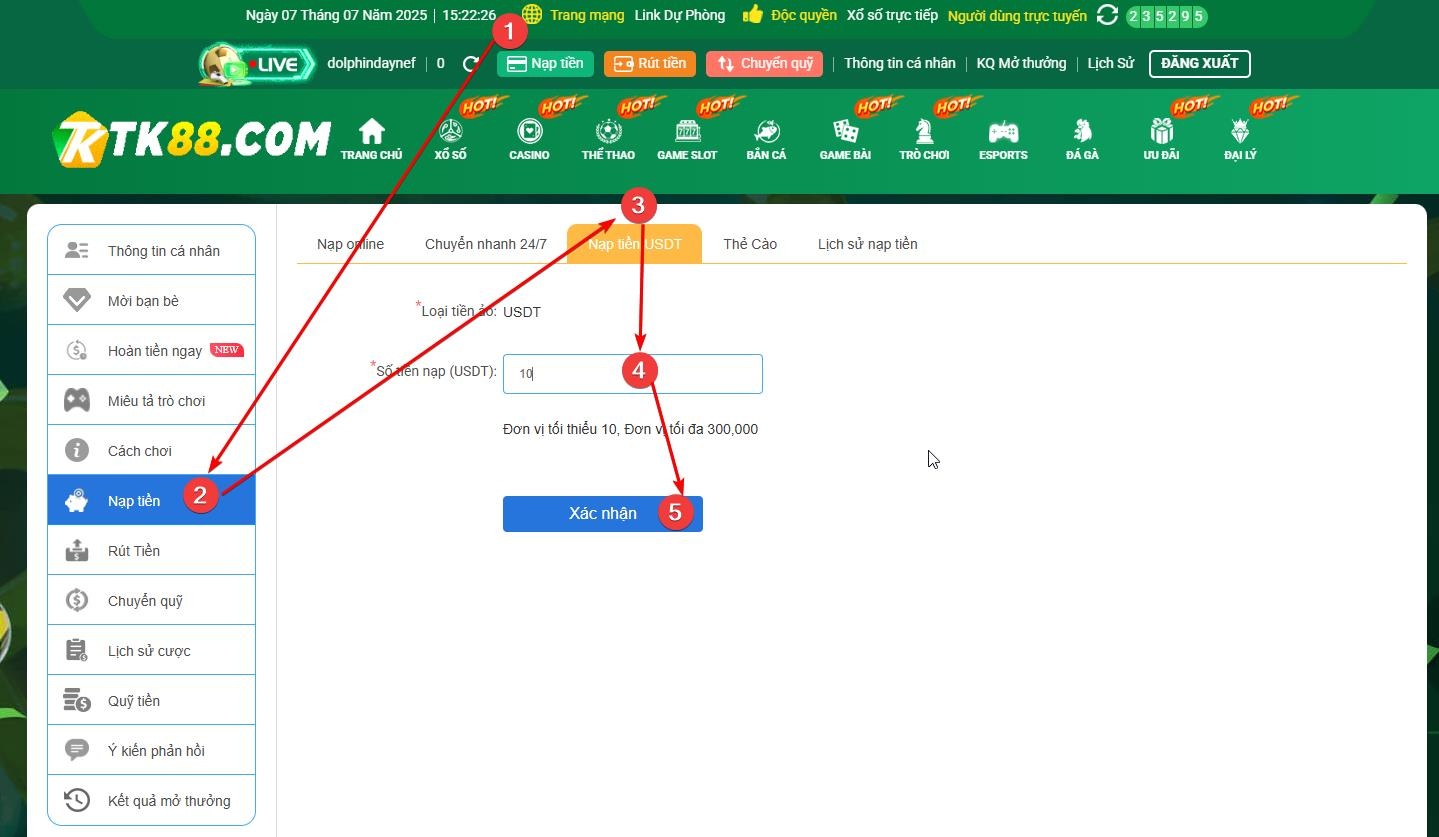 Hướng dẫn các bước nạp tiền vào nhà cái TK88 bằng tiền điện tử USDT