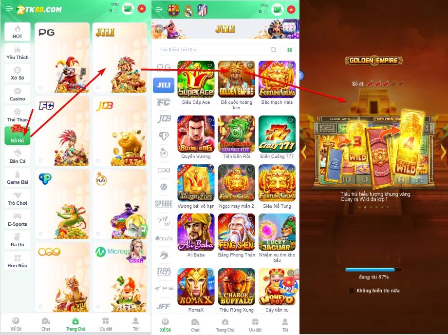 Giao diện chơi game slot Golden Empire trên mobile tại TK88