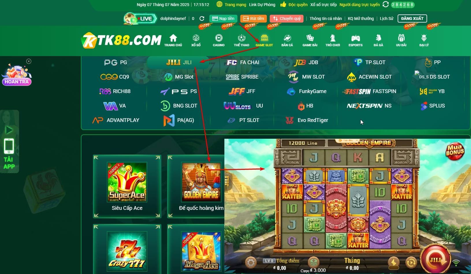 Giao diện game slot Golden Empire tại Nổ hũ TK88