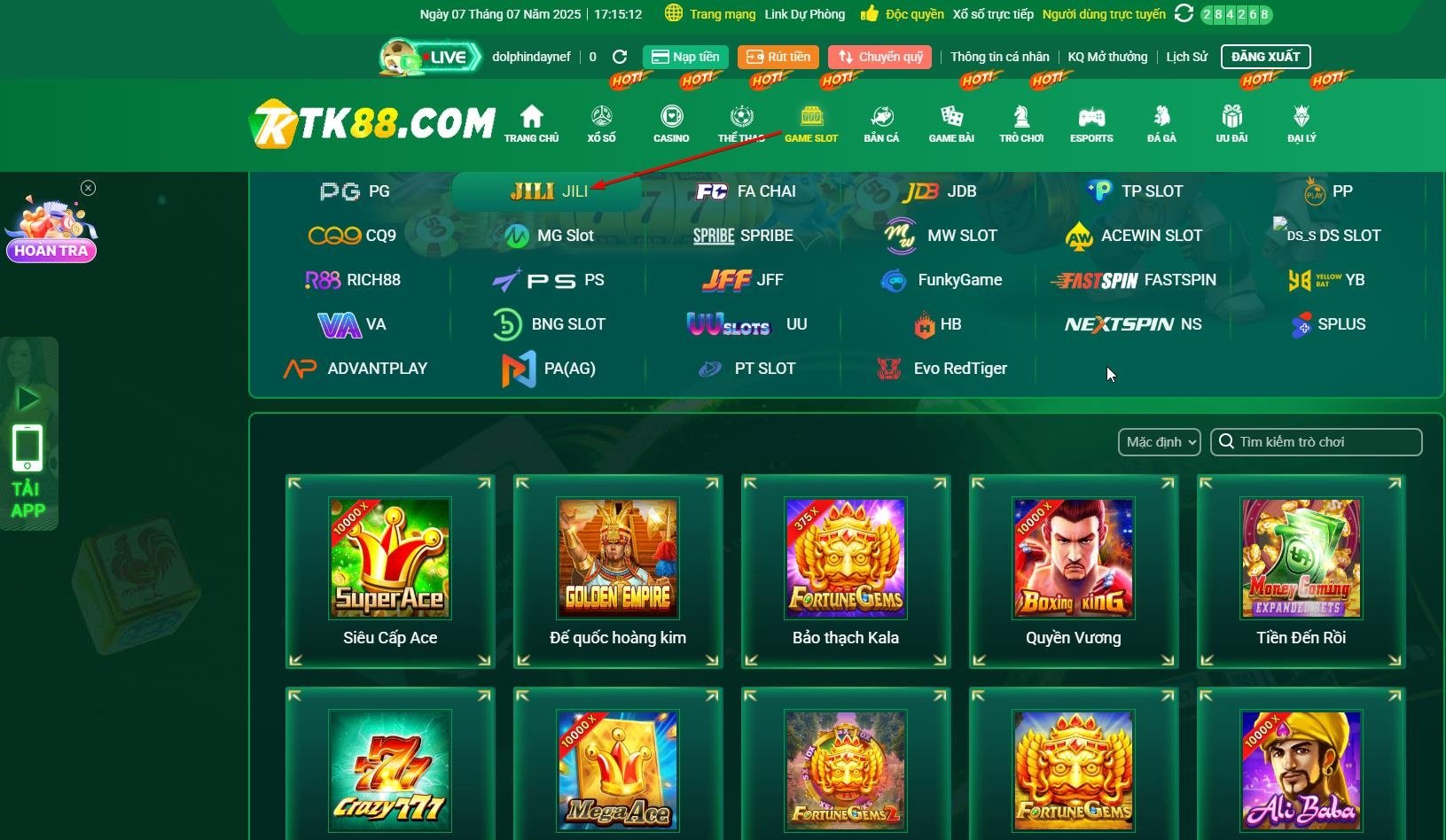 Giao diện sảnh JILI trong mục Nổ hũ TK88