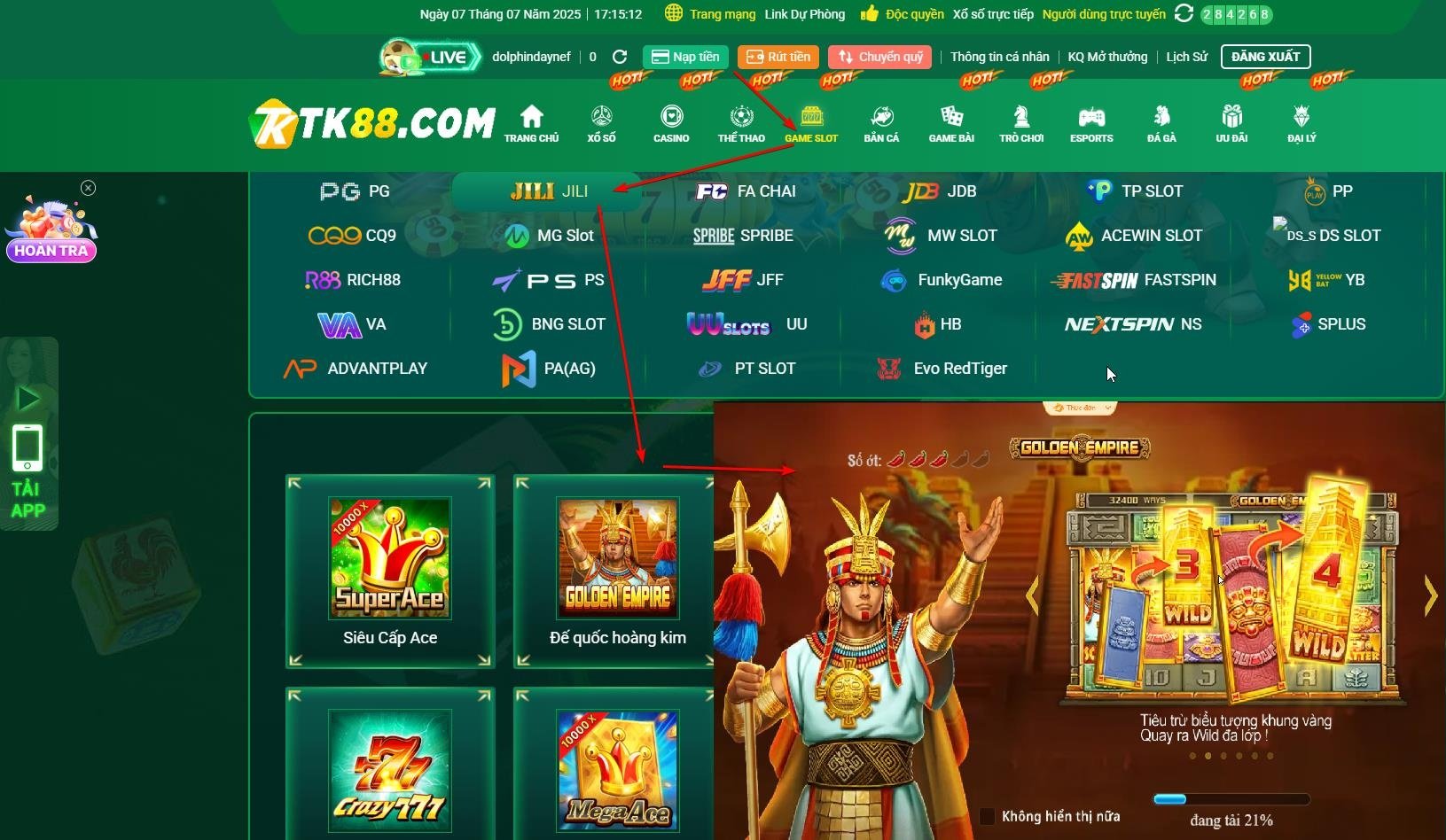 Hướng dẫn chọn game Golden Empire trong sảnh nổ hũ TK88