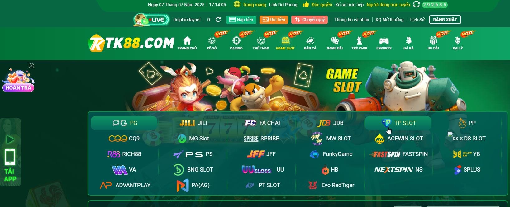 Hướng dẫn truy cập menu Nổ Hũ trên trang chủ TK88