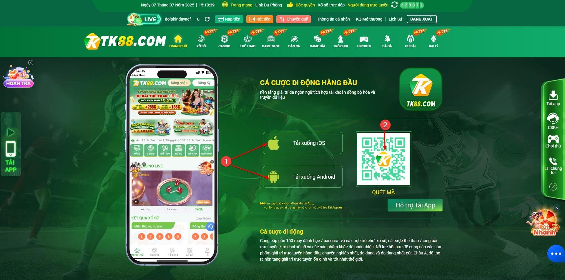 Hướng dẫn lấy mã QR để tải app TK88 cho iOS và Android từ trang chủ chính thức.