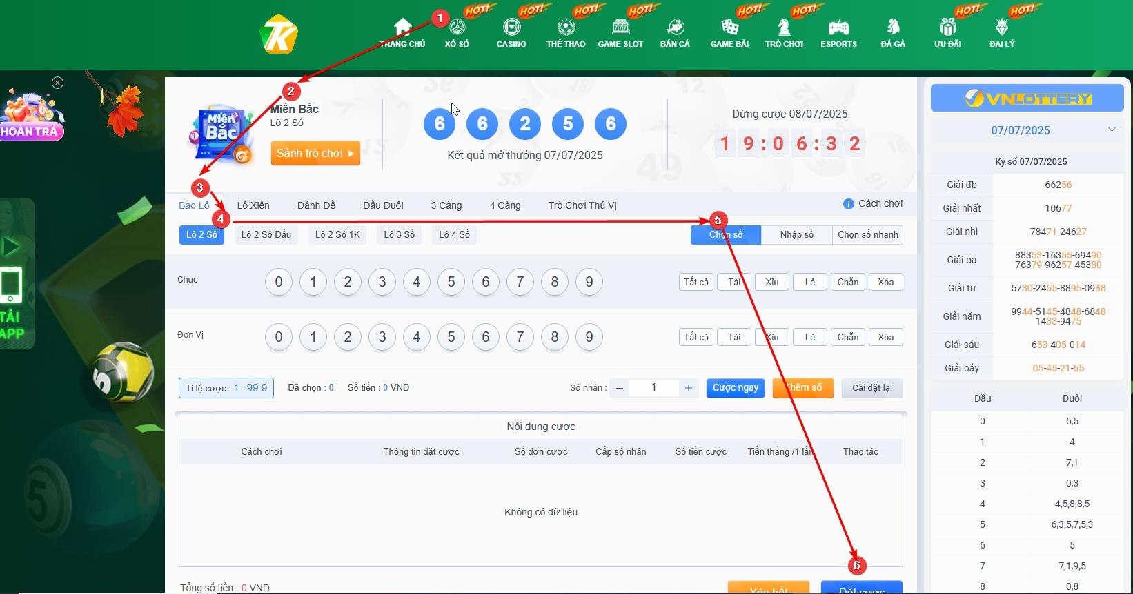 Hướng dẫn các bước đặt cược xổ số TK88 chi tiết