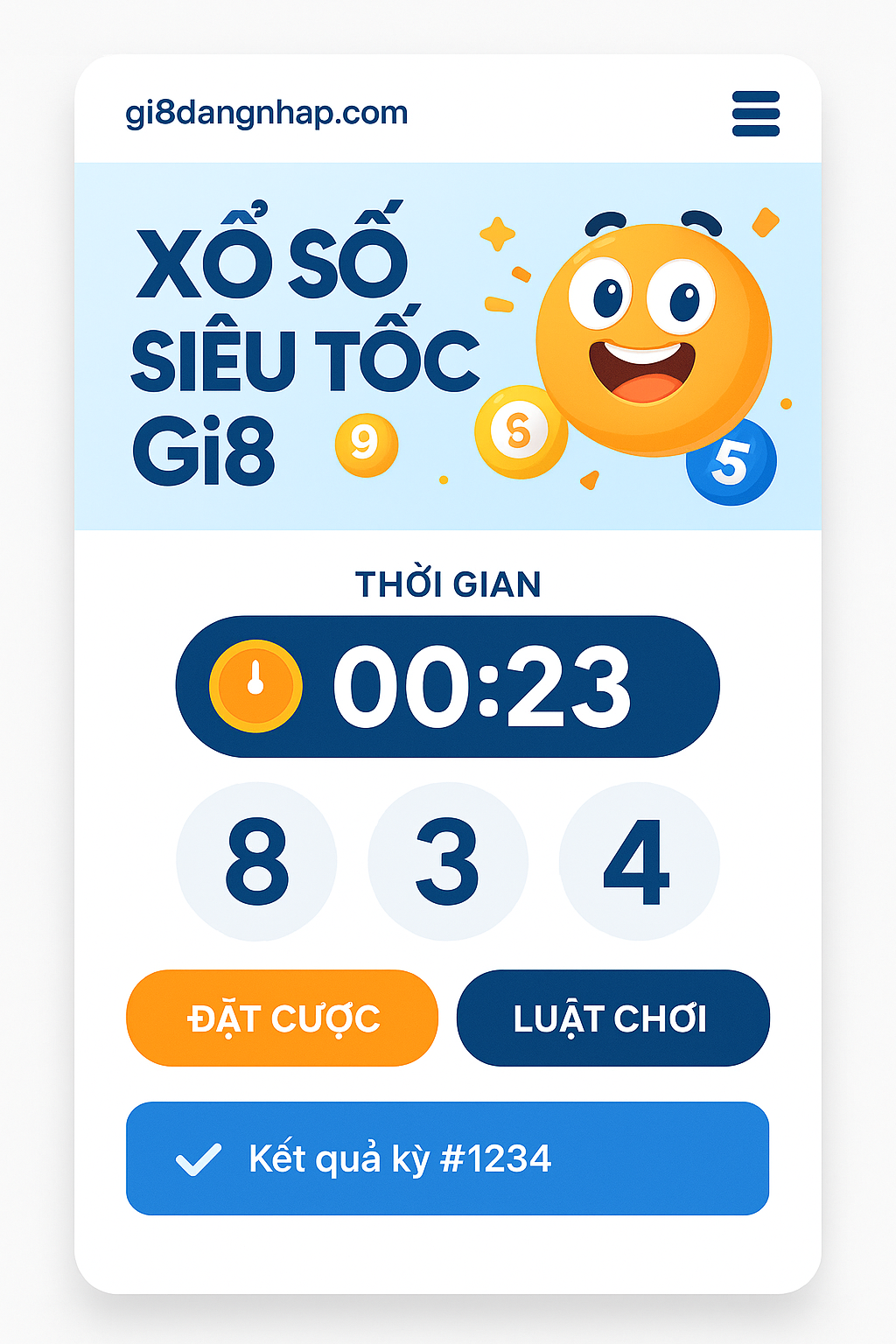 Giao diện Xổ Số Siêu Tốc Gi8 Giao diện game Xổ Số Siêu Tốc Gi8 hấp dẫn với các con số và đồng hồ đếm ngược