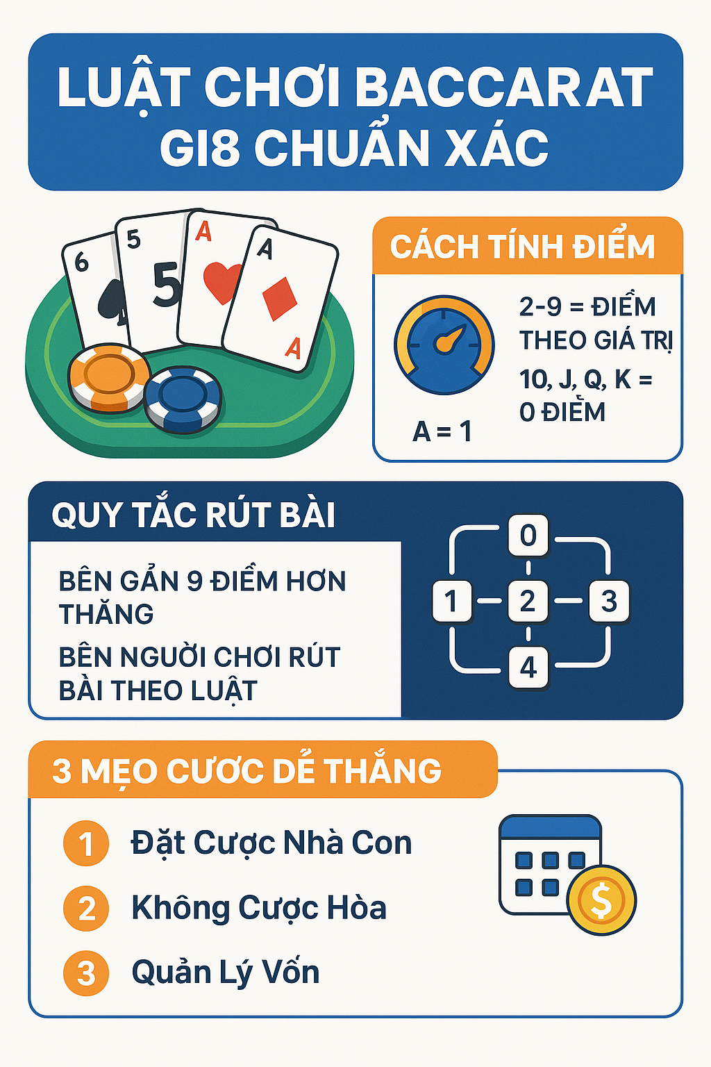 Luật Chơi Baccarat Gi8 Chuẩn Xác Infographic tóm tắt luật chơi Baccarat tại Gi8 bao gồm cách tính điểm và quy tắc rút bài.