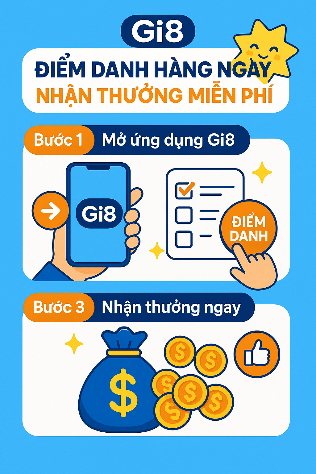 Quy trình 3 bước điểm danh Gi8 Hướng dẫn 3 bước check in Gi8 nhận thưởng
