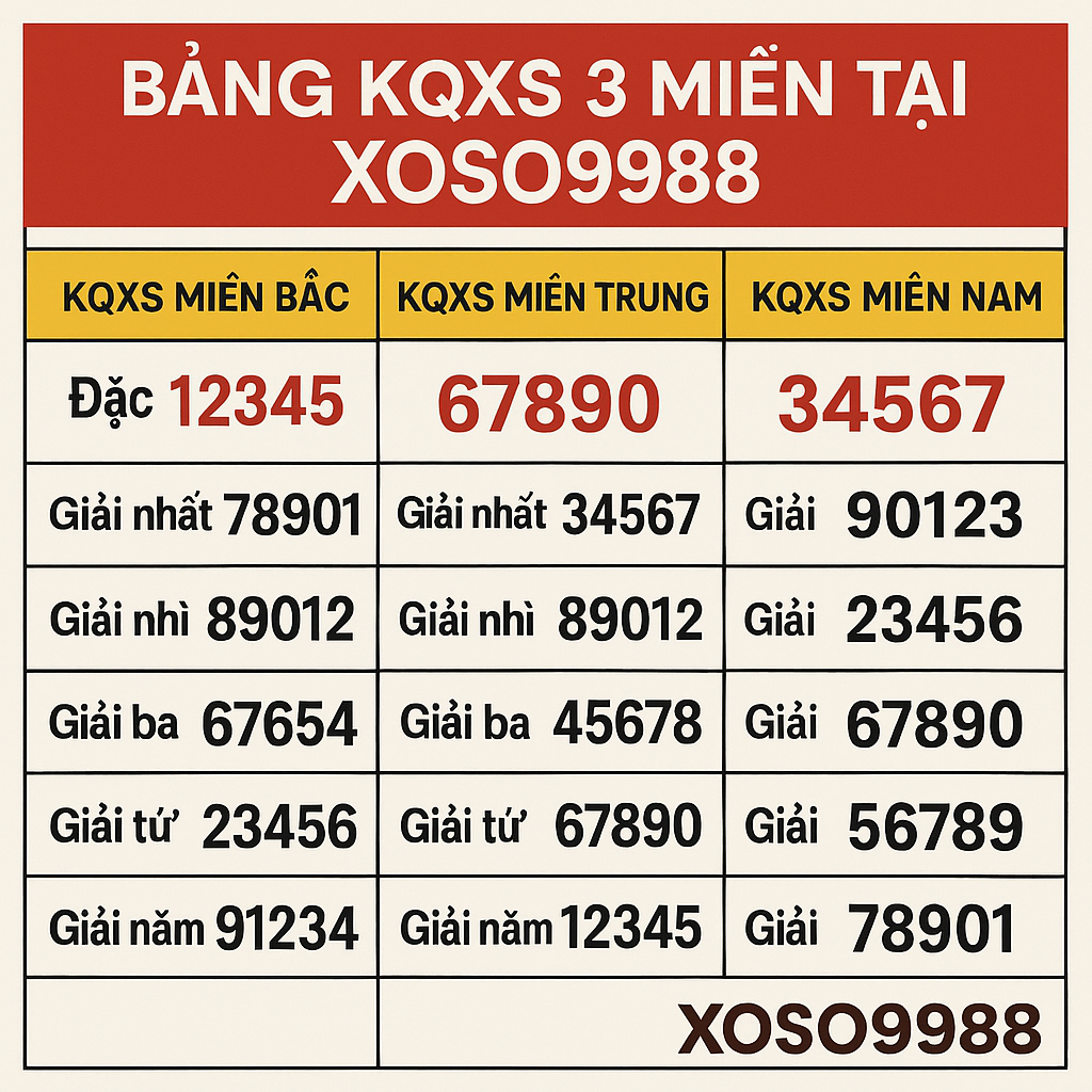 Giao diện bảng kết quả xổ số 3 miền trực tiếp trên website xoso9988