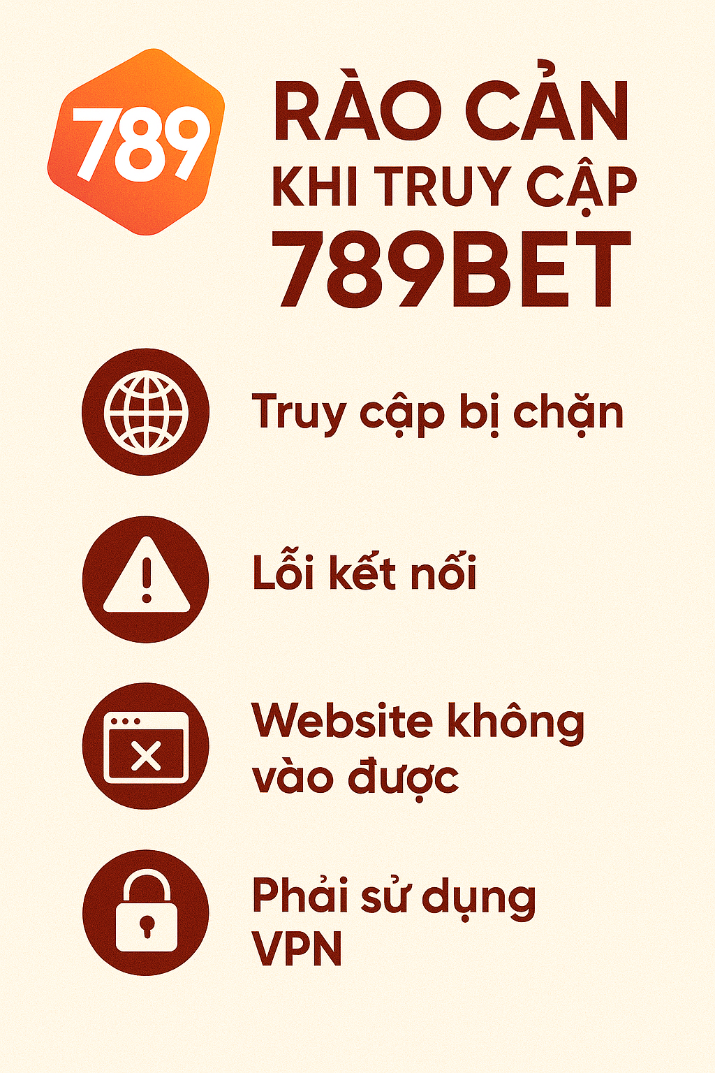Các Rào Cản Khi Truy Cập 789BET Sơ đồ mô tả các vấn đề khi truy cập 789BET như bị tường lửa chặn, nguy cơ mất an toàn dữ liệu và VPN là giải pháp.