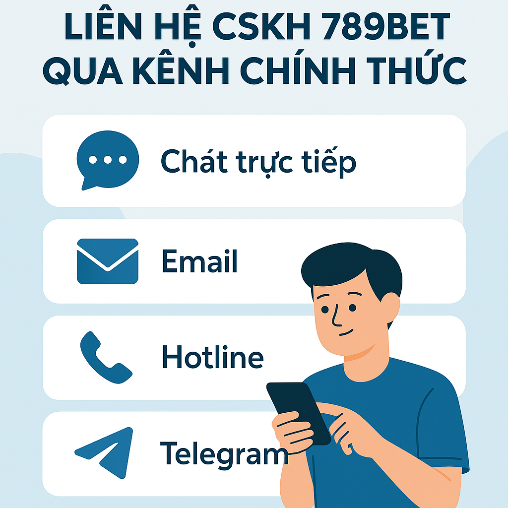 Luôn liên hệ CSKH 789BET 24/7 qua các kênh chính thức: Live Chat, Telegram, Hotline, Zalo để đảm bảo an toàn. Các kênh liên hệ chính thức của bộ phận hỗ trợ 789BET