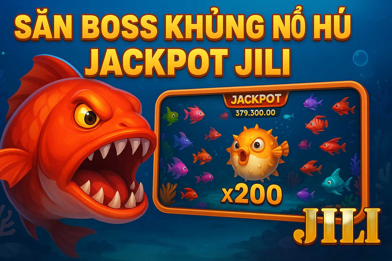 Săn Boss Khủng Nổ Hũ Jackpot JILI Người chơi đang sử dụng súng laze đặc biệt để săn Rồng Vàng, chuẩn bị nổ hũ cực to trong game bắn cá JILI.