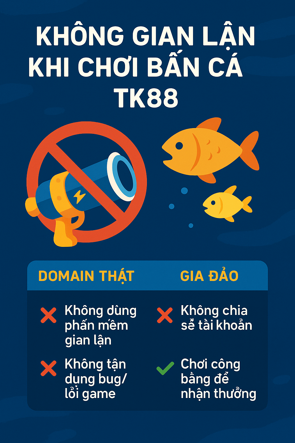 Nói không với gian lận khi chơi game bắn cá TK88 Các biểu tượng tool hack, gian lận game bắn cá bị gạch chéo đỏ.