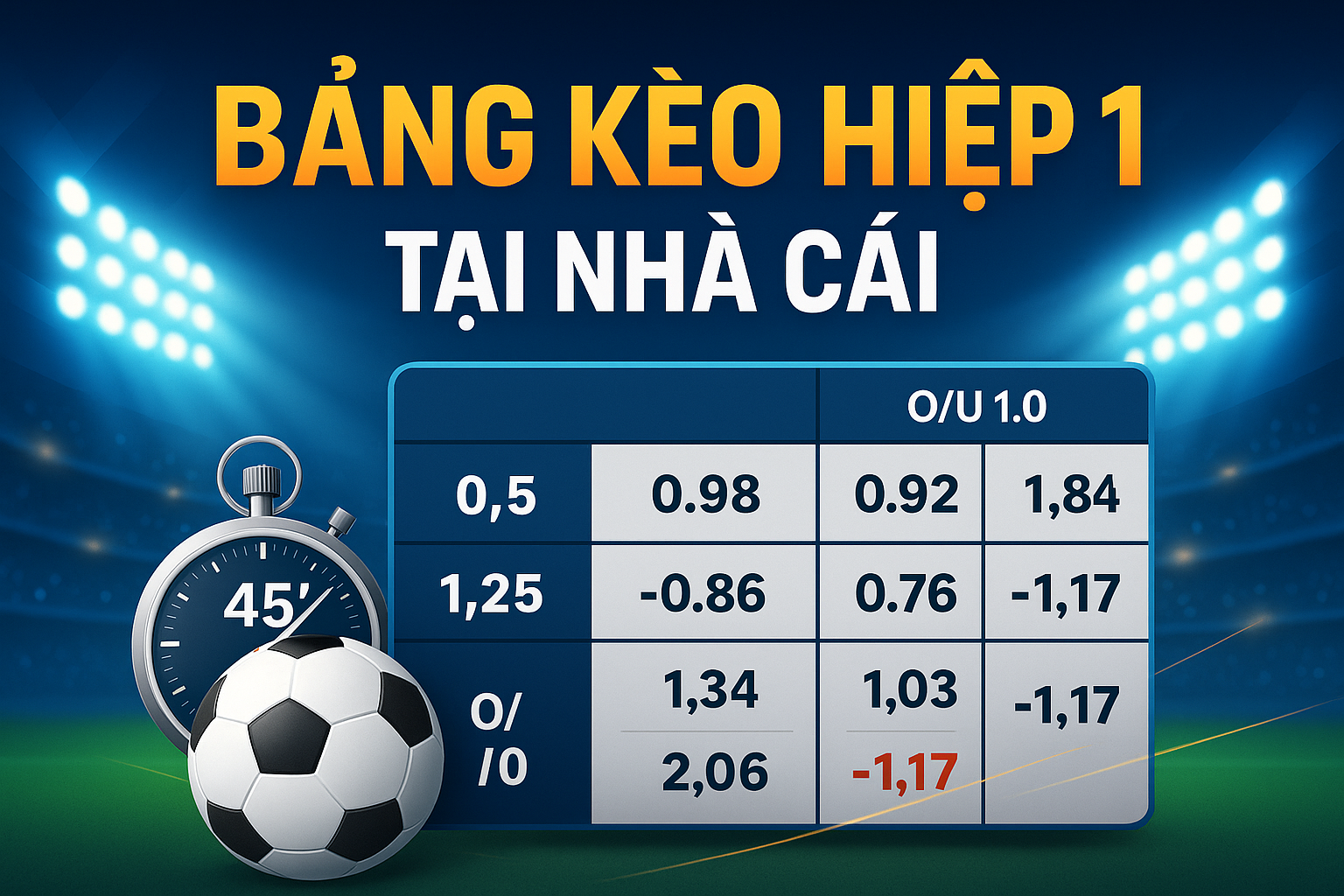 Bảng tỷ lệ kèo hiệp 1 với các loại cược chấp HT, tài xỉu HT và kèo châu Âu HT.