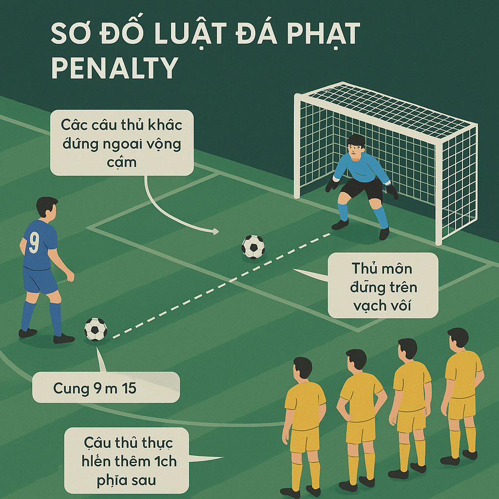 Sơ đồ mô tả vị trí các cầu thủ khi thực hiện một quả phạt đền theo luật đá phạt penalty