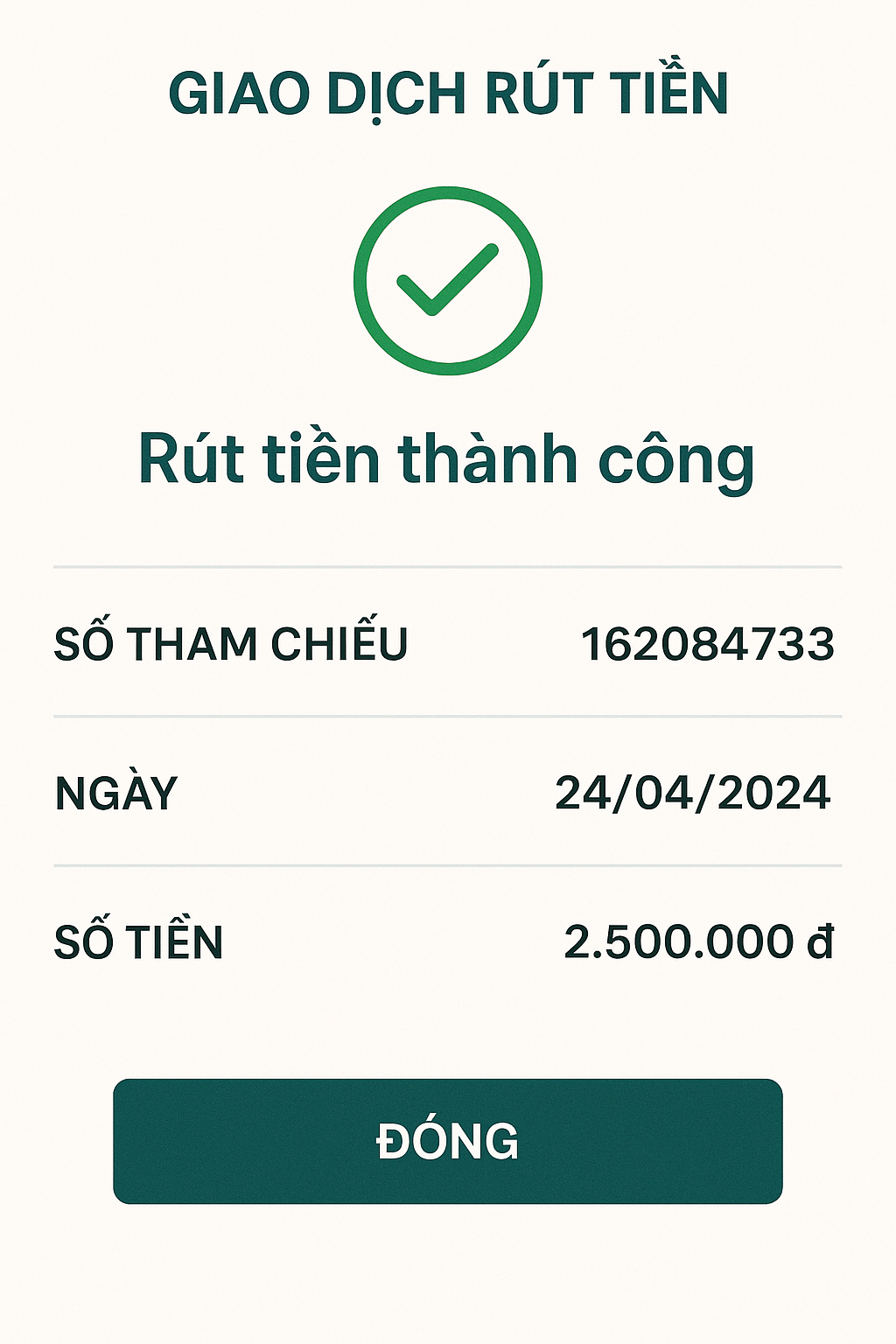 Ảnh chụp màn hình một giao dịch rút tiền thành công từ nhà cái