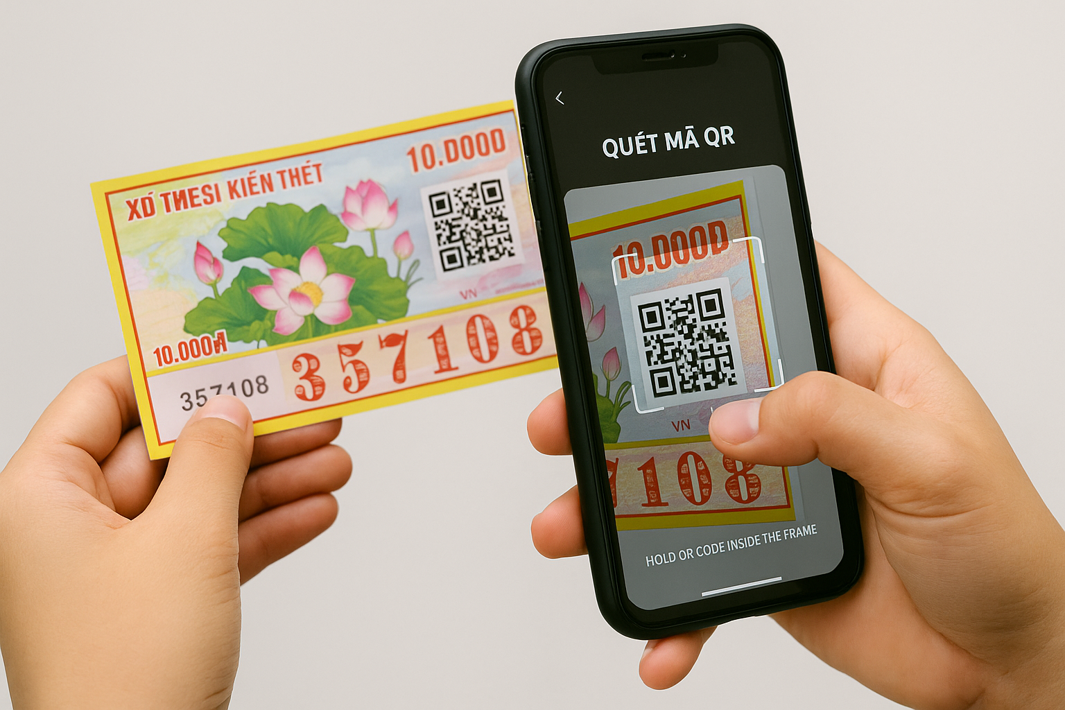 Một người đang dùng điện thoại để quét mã QR trên tờ vé số kiến thiết
