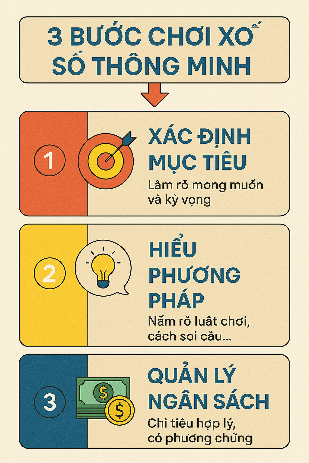 3 Bước Chơi Xổ Số Thông Minh Infographic 3 bước chơi xổ số thông minh: xác định mục tiêu, hiểu phương pháp, quản lý ngân sách
