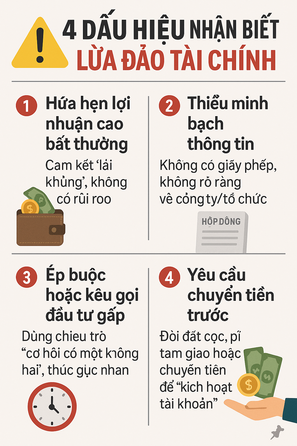 Dấu hiệu nhận biết các cạm bẫy lừa đảo tài chính Infographic 4 dấu hiệu nhận biết lừa đảo tài chính