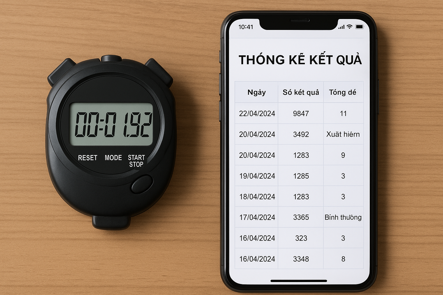 Kiểm soát thời gian chơi xổ số Đồng hồ bấm giờ đặt cạnh điện thoại đang mở trang xổ số