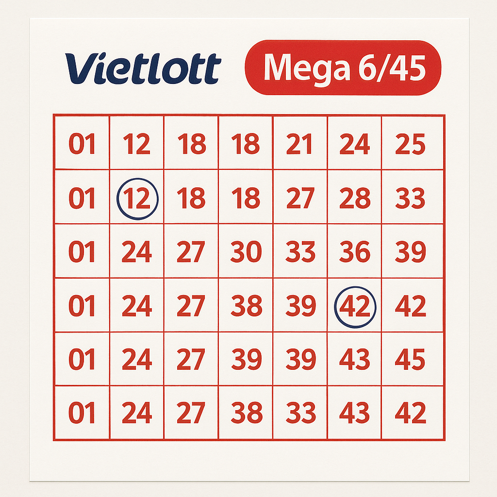 Minh họa cách điền thông tin trên thẻ chọn số Mega 6/45 Thẻ chọn số của xổ số Vietlott Mega 6/45