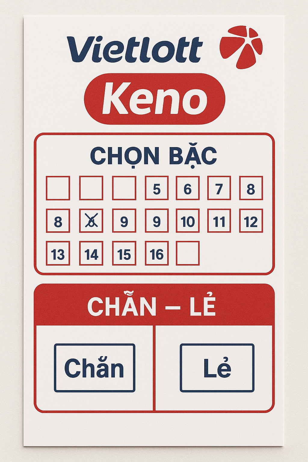 Hướng dẫn điền vé số Keno Vietlott Mẫu vé số Keno Vietlott với cách chơi Bậc và Chẵn Lẻ
