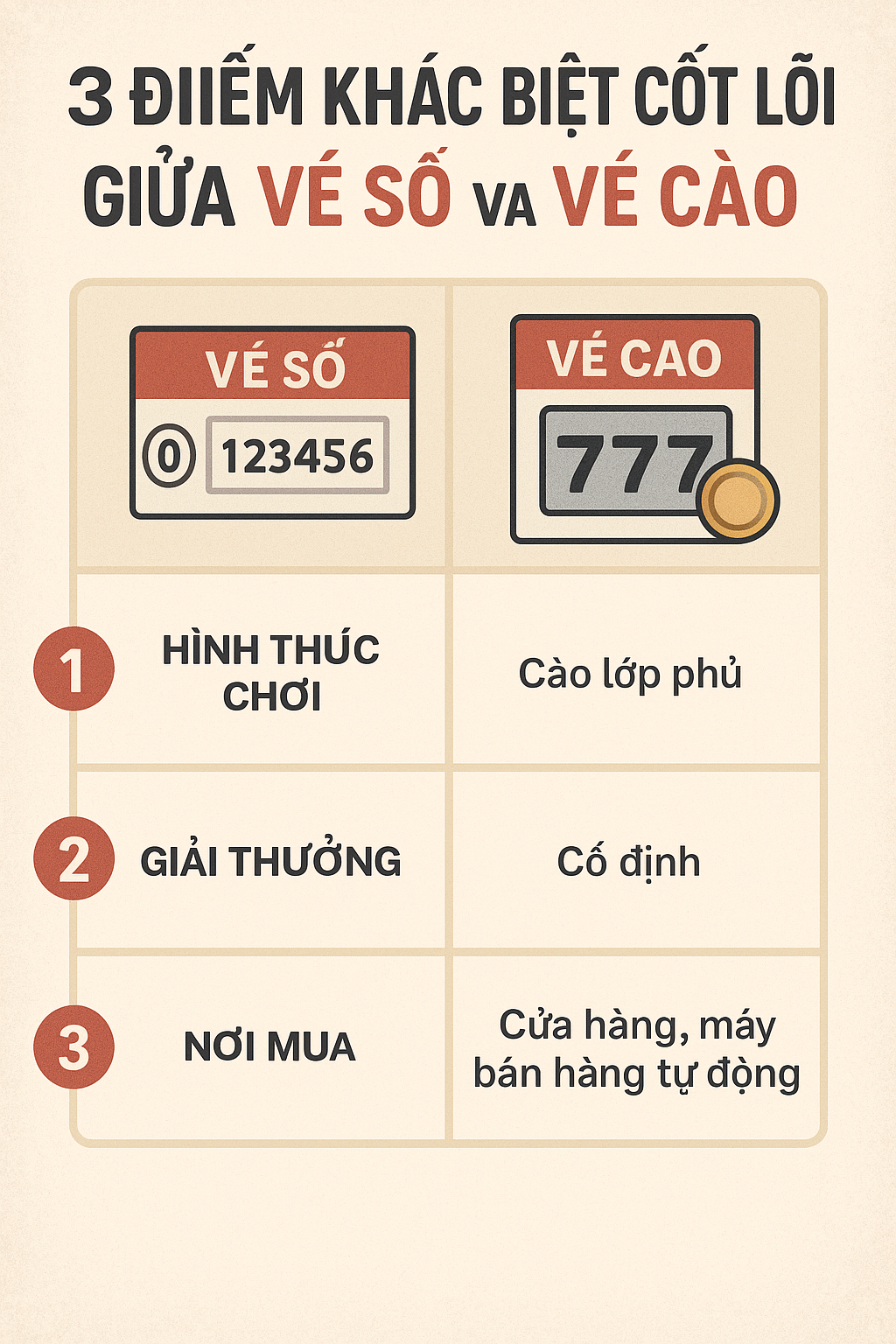 Infographic so sánh 3 điểm khác biệt cốt lõi giữa vé số và vé cào