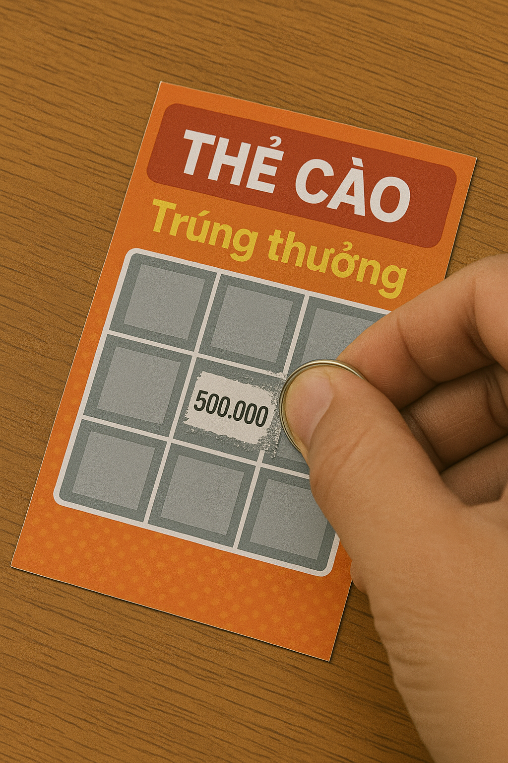 Cận cảnh bàn tay đang cào một tấm vé cào để lộ ra kết quả trúng thưởng