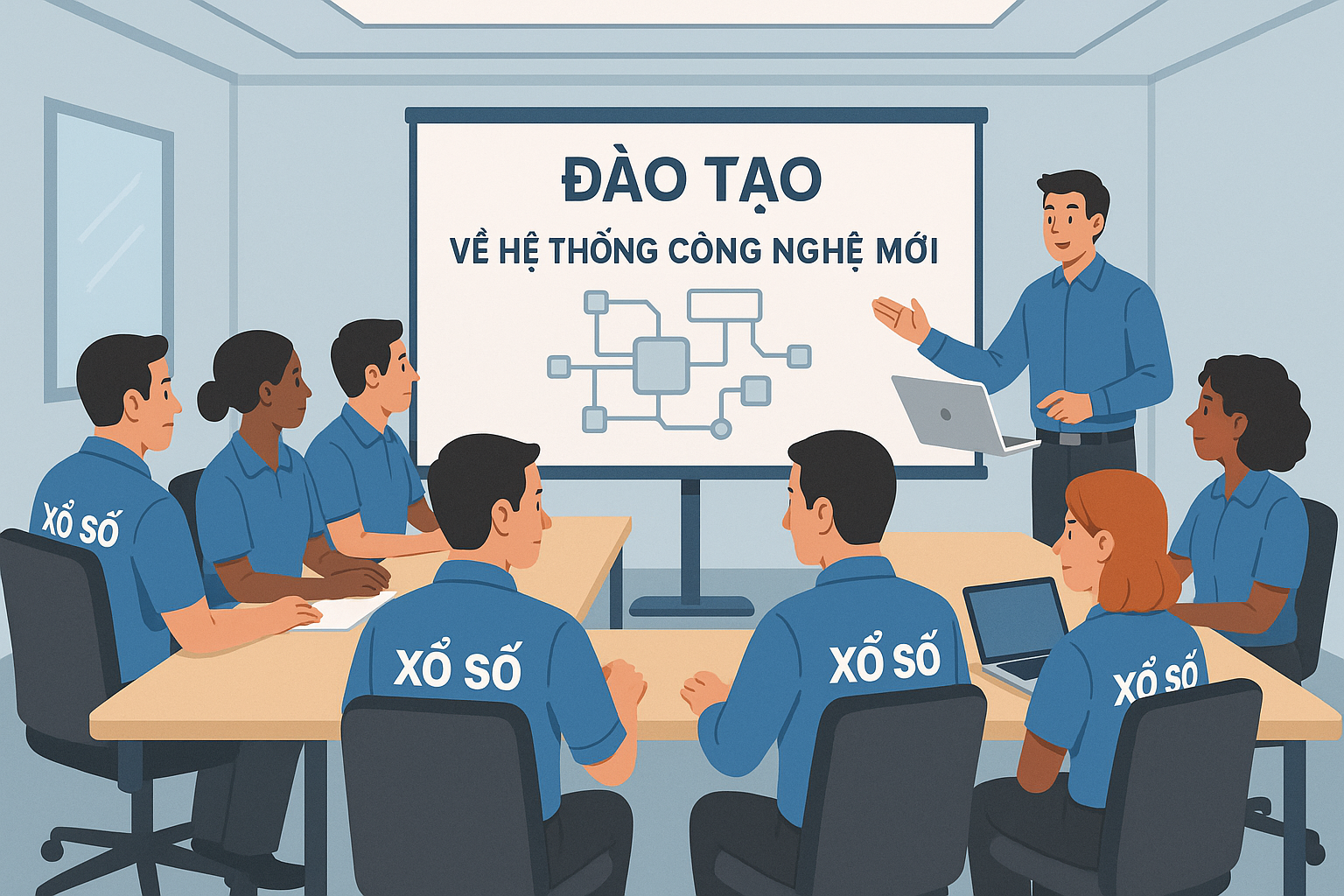 Đội ngũ nhân viên công ty xổ số trong một buổi đào tạo về hệ thống công nghệ mới.
