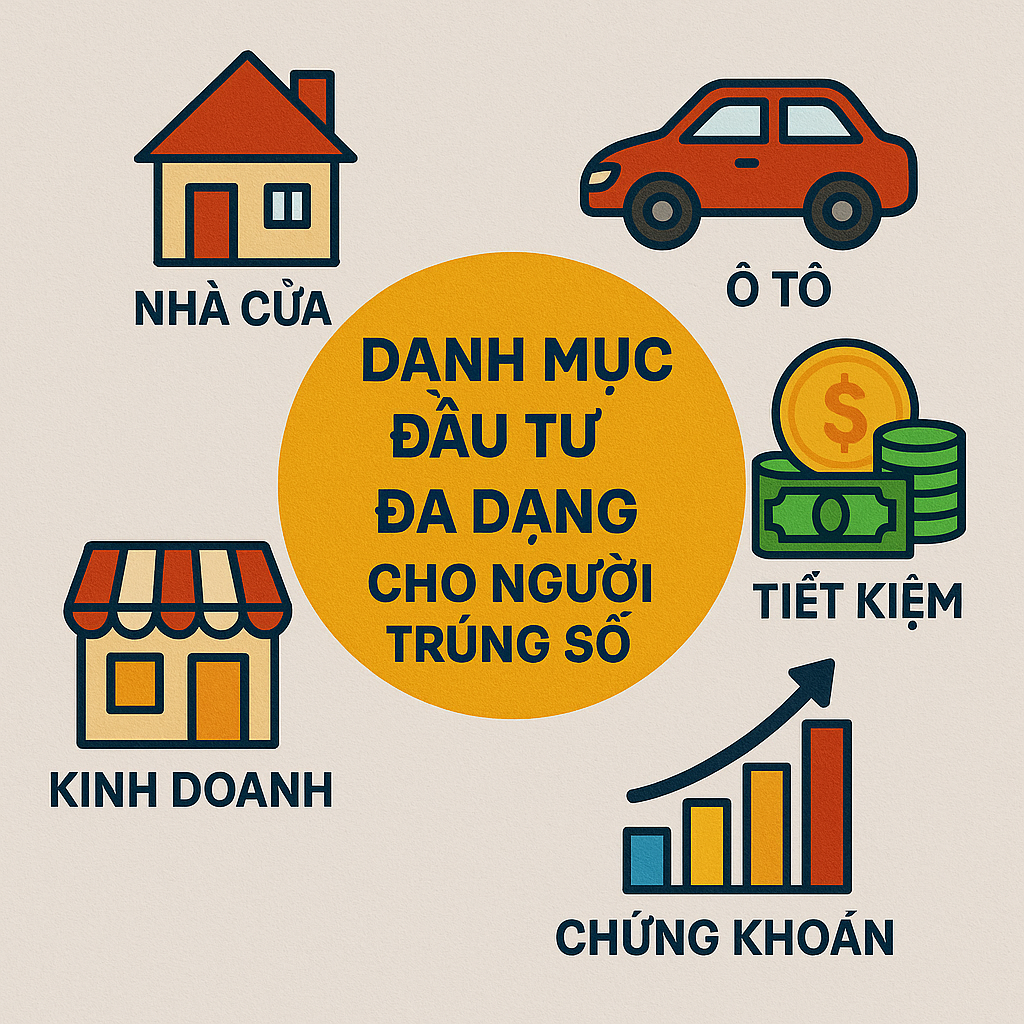 Infographic mô tả danh mục đầu tư đa dạng cho người trúng số