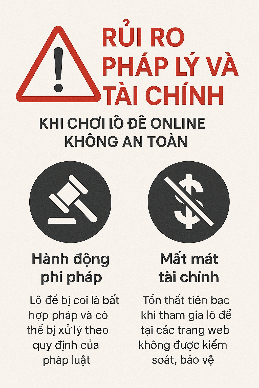 Infographic cảnh báo rủi ro pháp lý và tài chính khi chơi lô đề online không an toàn.