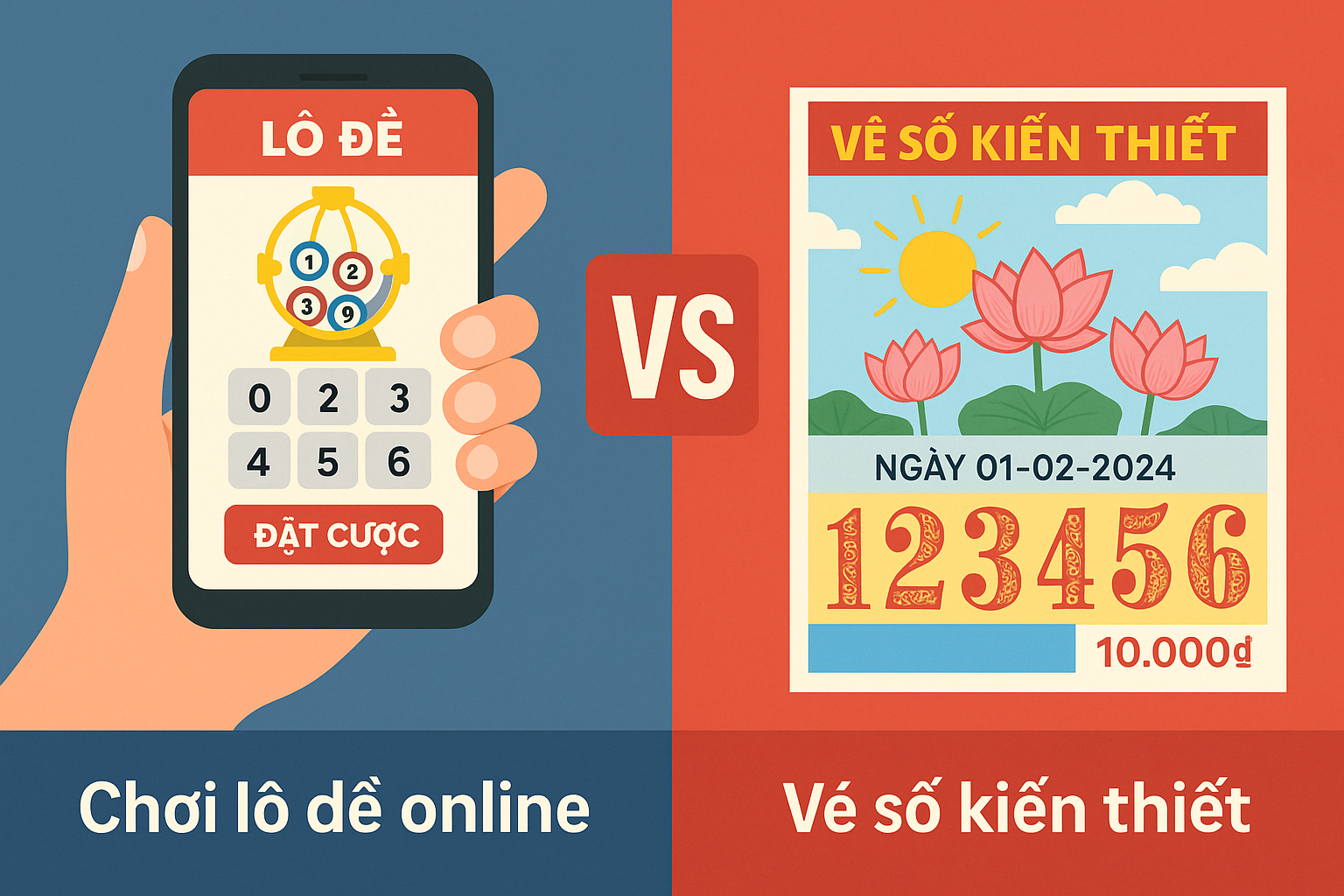 Hình ảnh so sánh giao diện chơi lô đề online trên điện thoại và tờ vé số kiến thiết truyền thống.