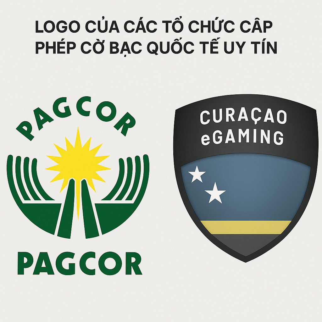 Logo của các tổ chức cấp phép cờ bạc quốc tế uy tín như PAGCOR, Curacao eGaming