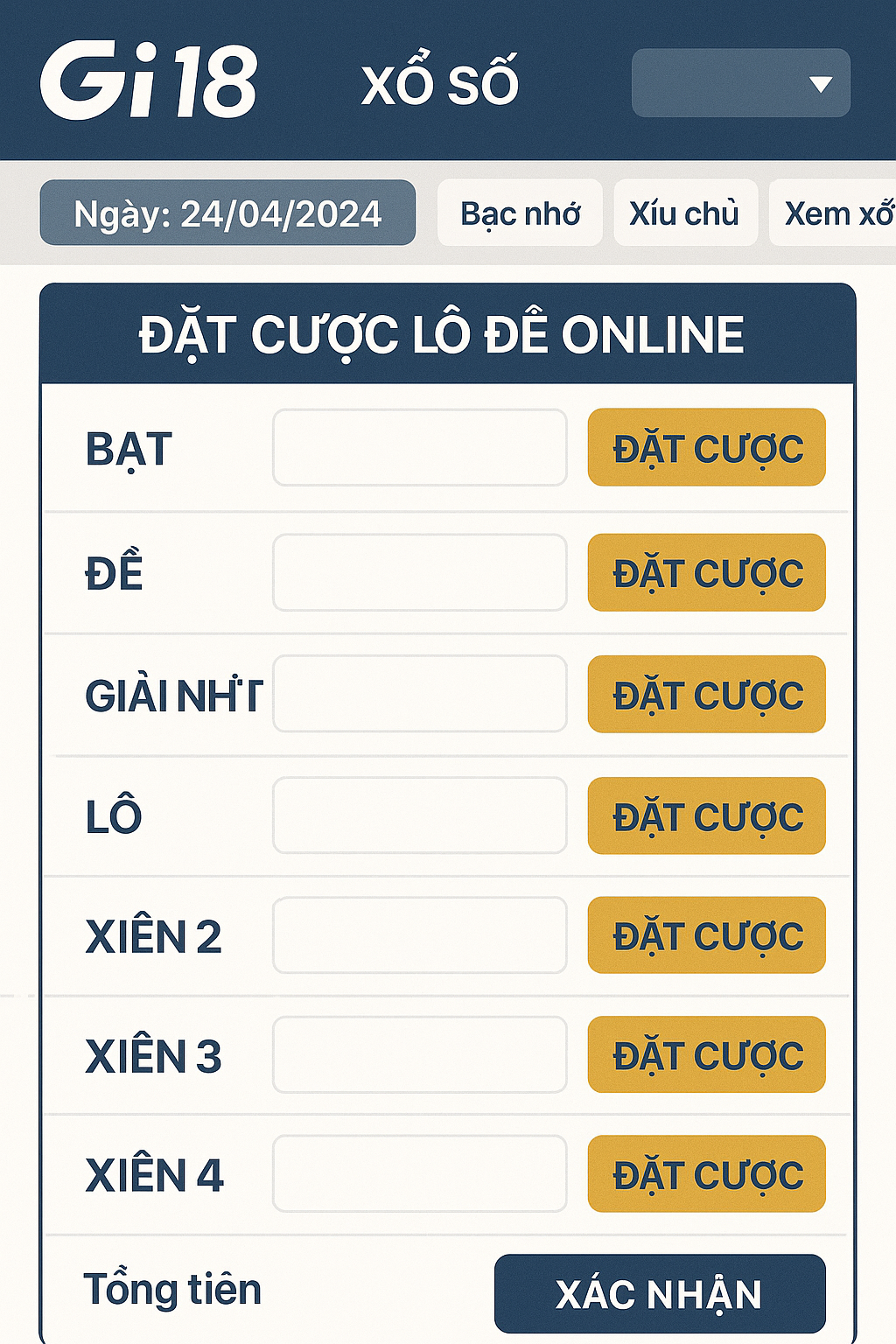 Giao diện đặt cược lô đề online tại nhà cái GI8