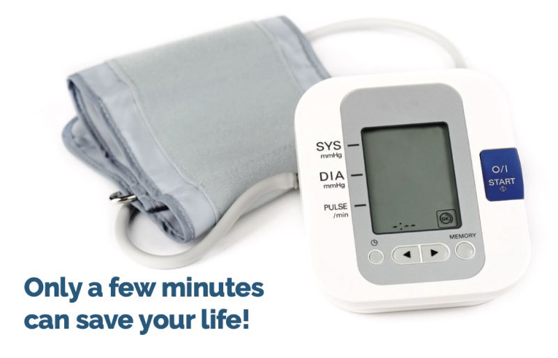 Blood pressure monitor with the text "Only a few minutes can save your life!"