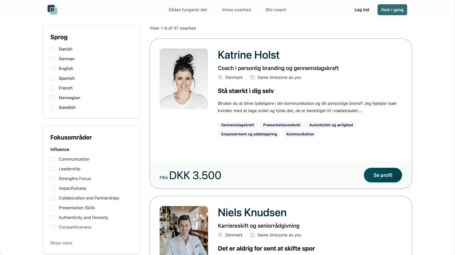 Billede af GoCoach indeks-side med coaches