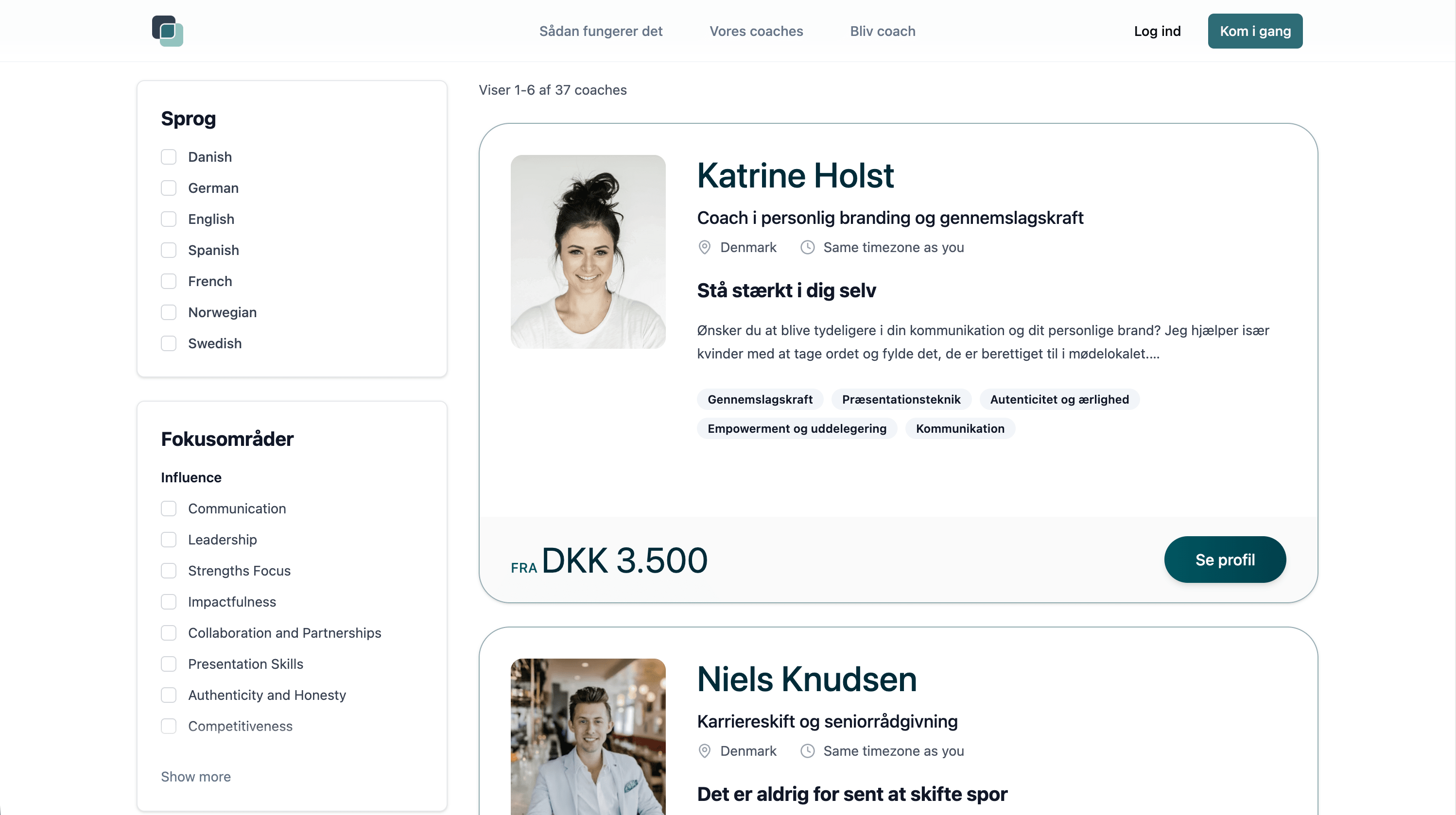 Billede af GoCoach indeks-side med coaches