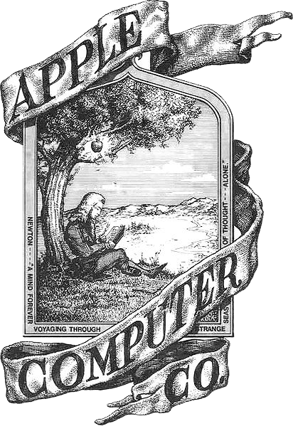Apple's absolute first logo, pre 1976. Drawn by then co-founder Ronald Wayne. The logo features Sir Isaac Newton sitting under the apple tree where he supposedly discovered gravity, by an apple falling on his head.