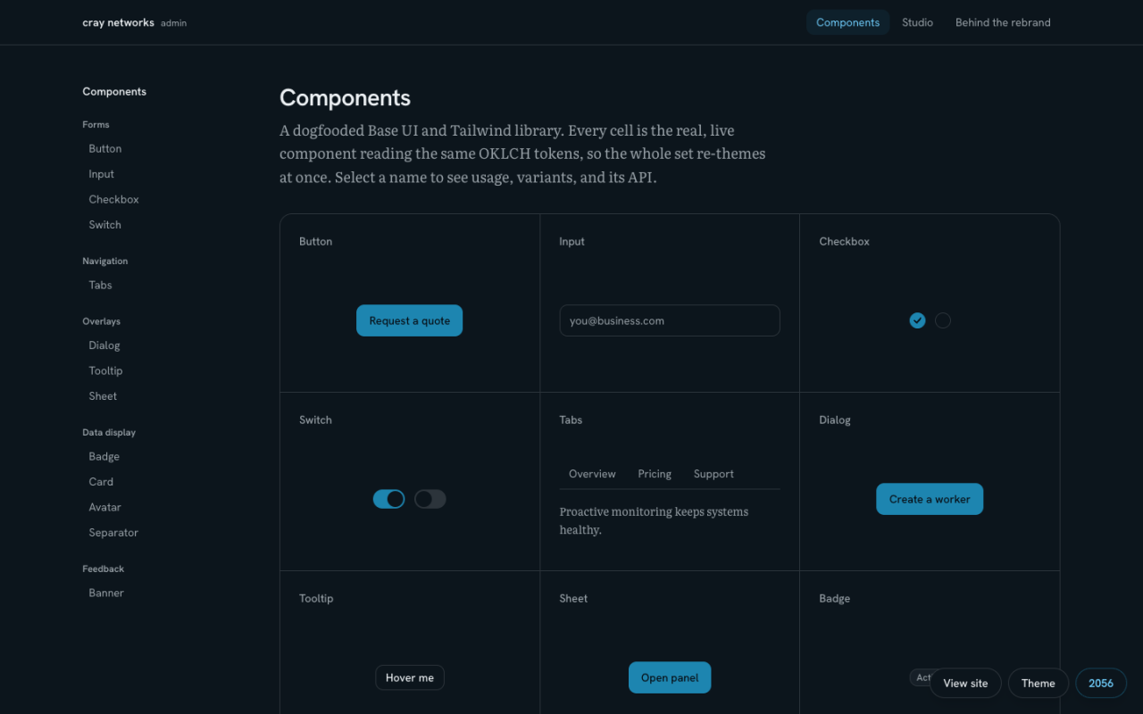The dogfooded Base UI component library, a live gallery of buttons, inputs, switches, tabs, dialogs, and more reading the same OKLCH tokens