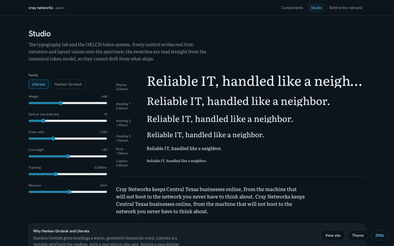 The typography studio, with variable-font controls and a live modular-scale type specimen ramp