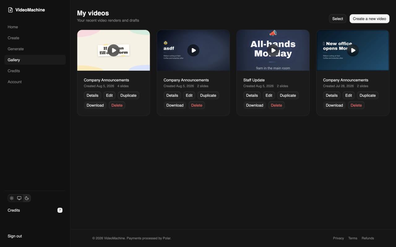 Gallery of rendered videos with details, edit, duplicate, and download actions