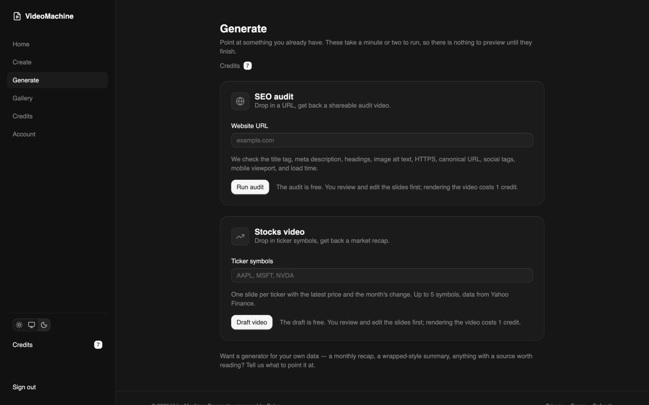 Generate page with the SEO audit and stocks recap generators