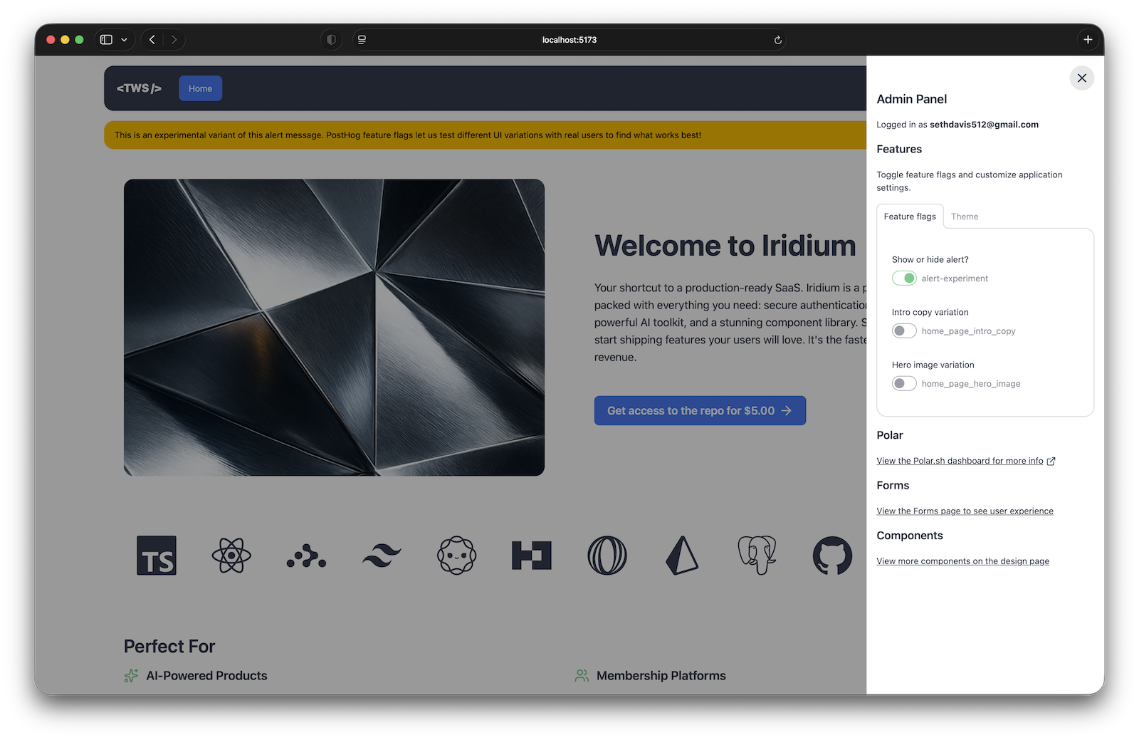 Iridium Admin Panel - feature flags, theme switching, and developer tools