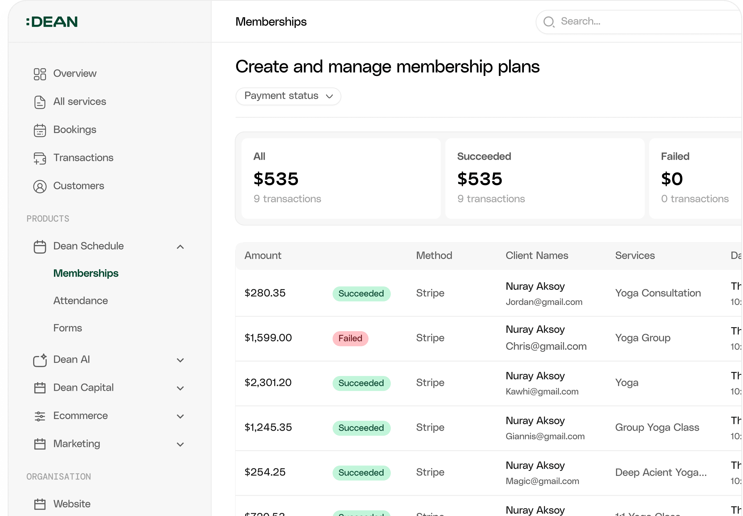 DEAN memberships dashboard with transactions and plan management