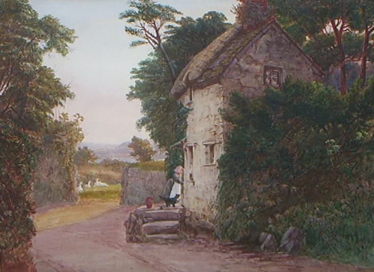 a painting of a path leading to a farmhouse