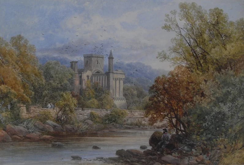 a painting of a classical building by a river