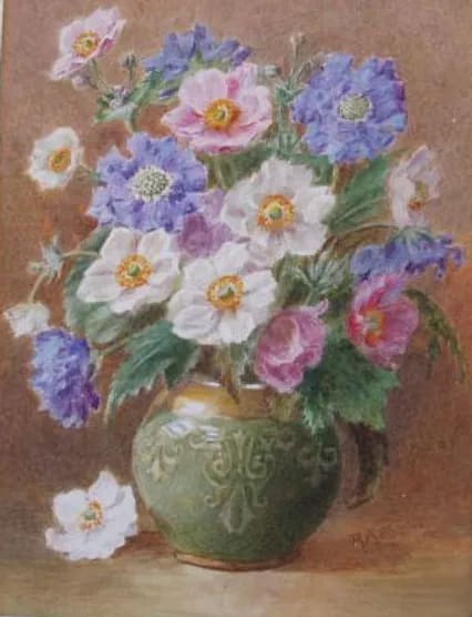 a painting of Anemones and Scabioces in a green vase
