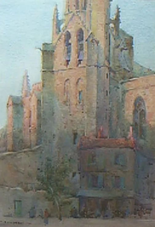 a painting of the exterior of a cathederal